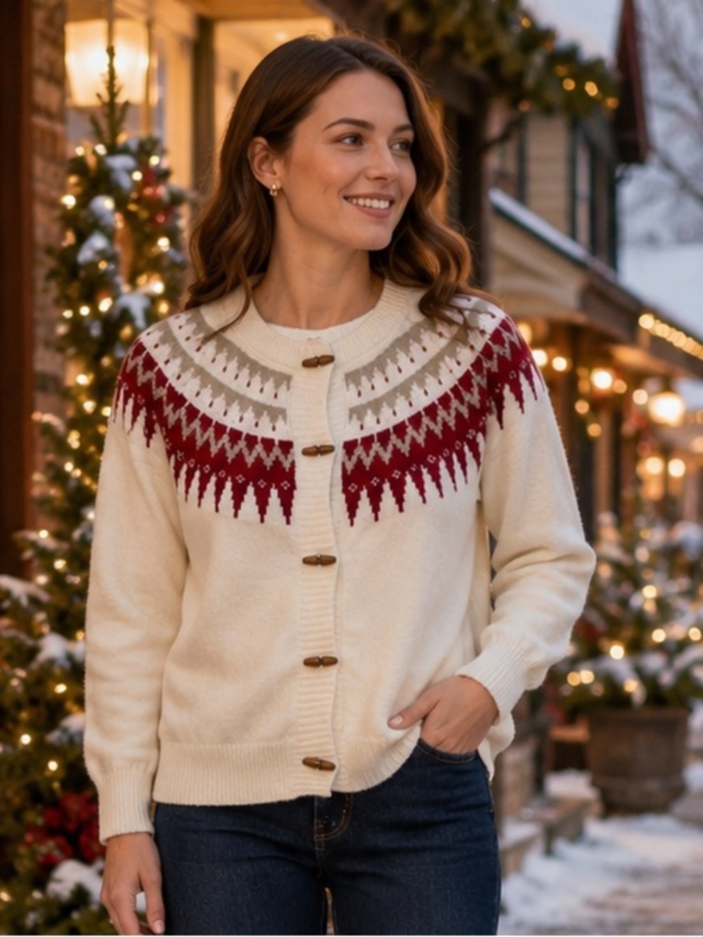 Fair Isle Toggle Cardigan Sweater Large Cream Red Nordic Cottagecore NWOT